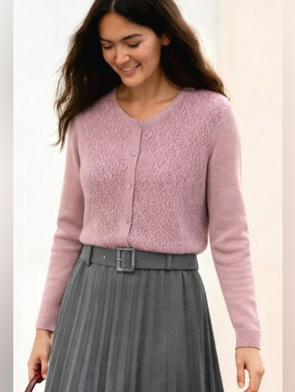 NEWOT🎀ALLISON DALEY Pink Pointelle Knit with  Buttons Closure Cardigan sz: L